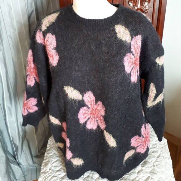 Wool Blend Sweater by Indie + Moi - Sz. Large - Black with florals - Picture 1 of 4